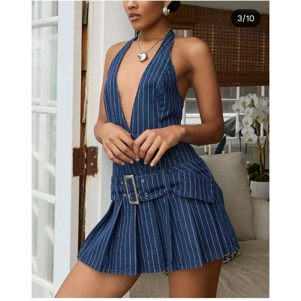 Edikted Blue Denim Pinstripe Y2K Trendy Preppy Belted Halter Mini Dress Size XS